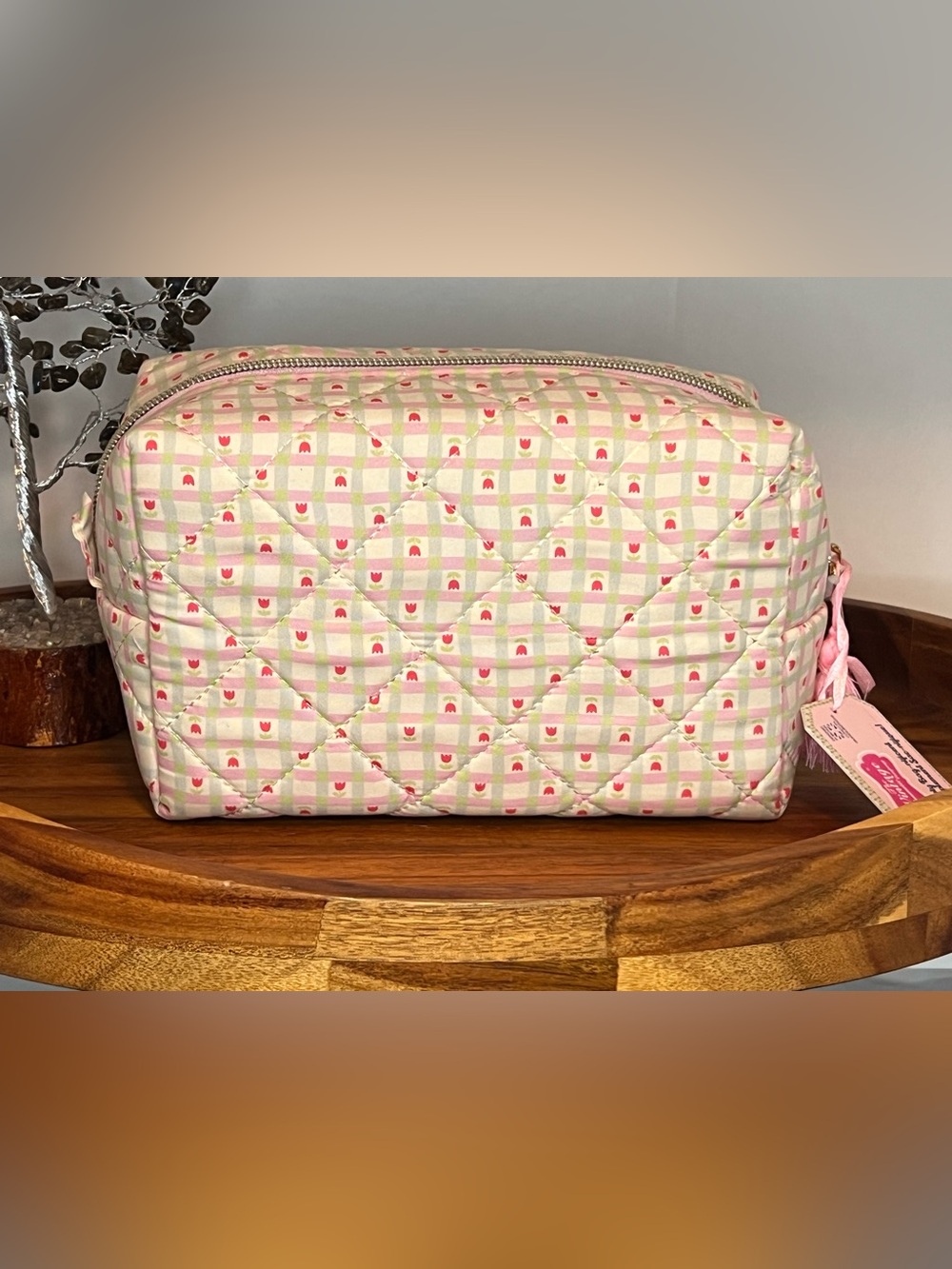 The Vintage Cosmetic Company Quilted Floral Checkered Cosmetic Pouch